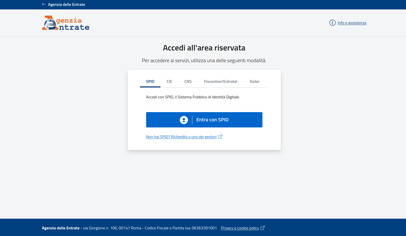 Pagina di accesso all'area riservata (SPID, CIE, CNS)
