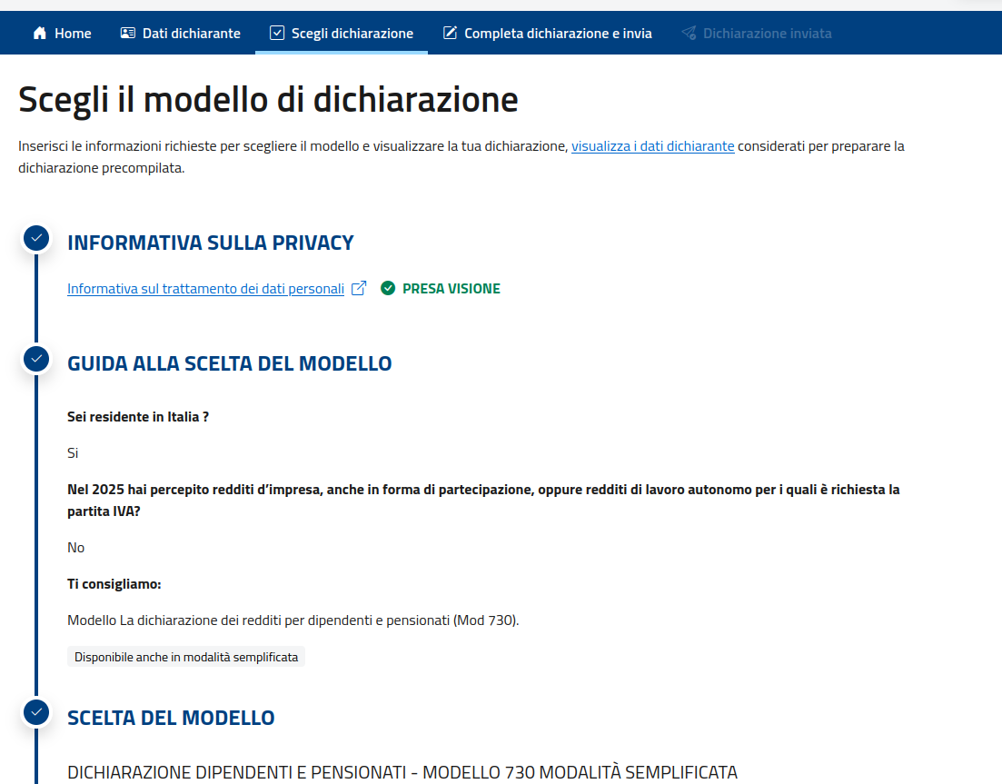Procedura «Scegli il modello di dichiarazione»