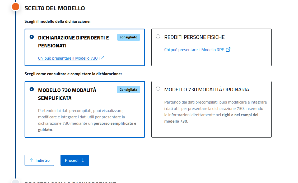 Scelta del Modello 730 (modalità semplificata)